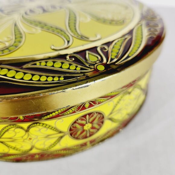 Decorative Nut Tin Filigree Bright Yellow Round Box Storage Container Embossed - Picture 5 of 12